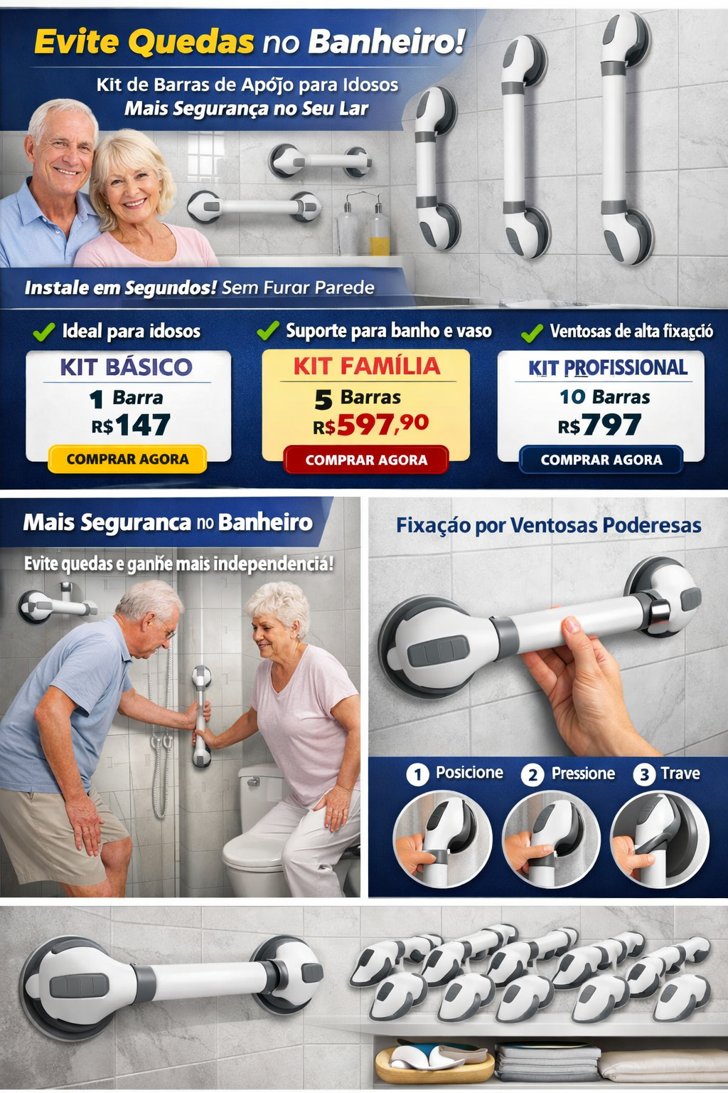 Kit de barras de apoio portátil para banheiro